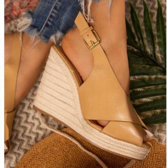 Shoes - Slingback Espadrille Wedges in Toffee